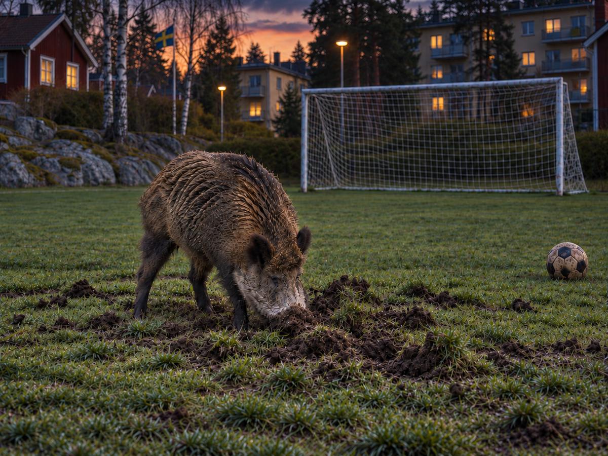 Ett vildsvin bökar upp gräset på en fotbollsplan i ett bostadsområde i skymningen, med tända fönster i röda trähus och flerfamiljshus och en svensk flagga i bakgrunden