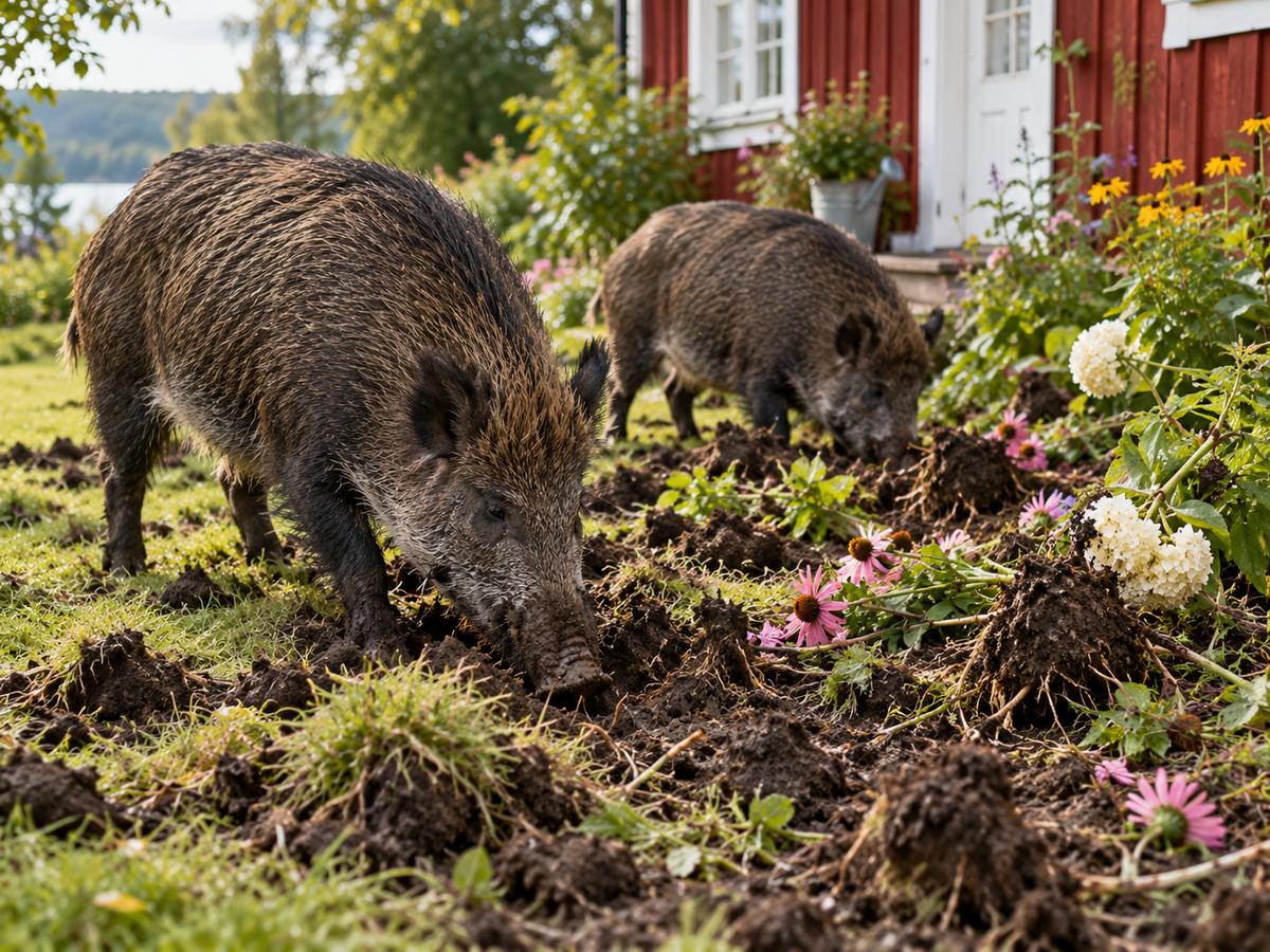 Två vildsvin bökar upp gräsmattan och blomrabatten framför en röd stuga vid en sjö
